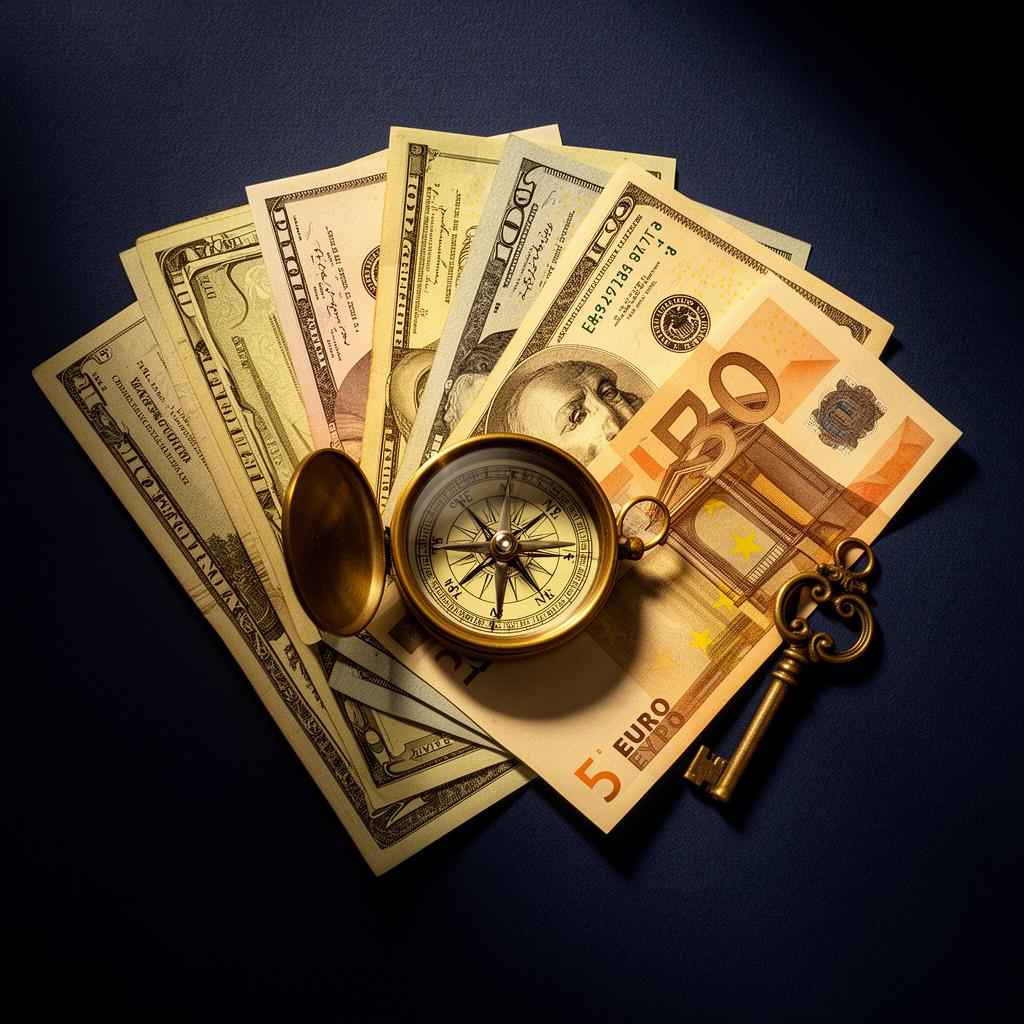 International currencies with brass compass